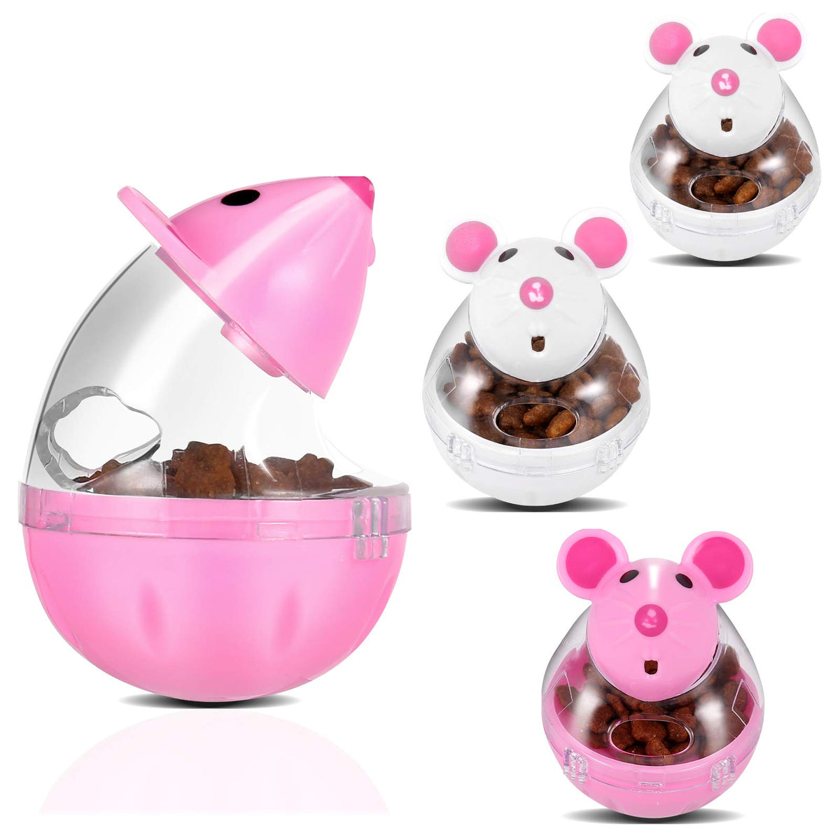 PORTOWN 4 Pcs Cat Food Ball Dispenser Small Cat Food Balls Slow Feeder Mice Shaped Tumbler Cat Food Toy Cat Treat Toy Feeder Toy for Interactive Training(PinkWhite)