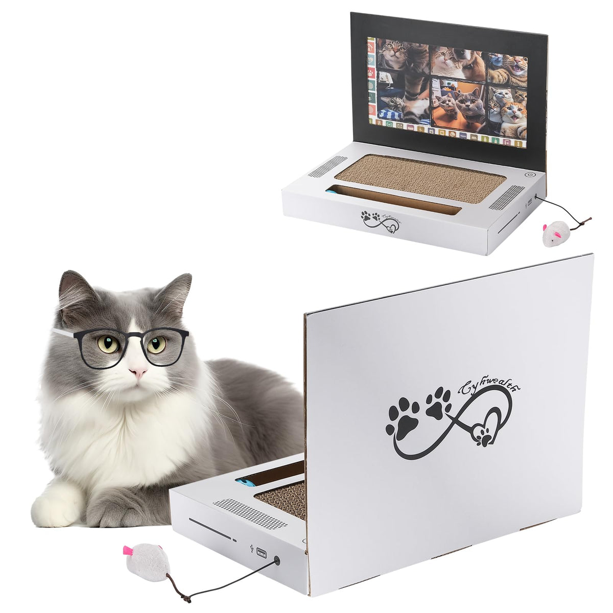 3-in-1 Laptop Cat Scratcher with Ball Track & Plush Mouse